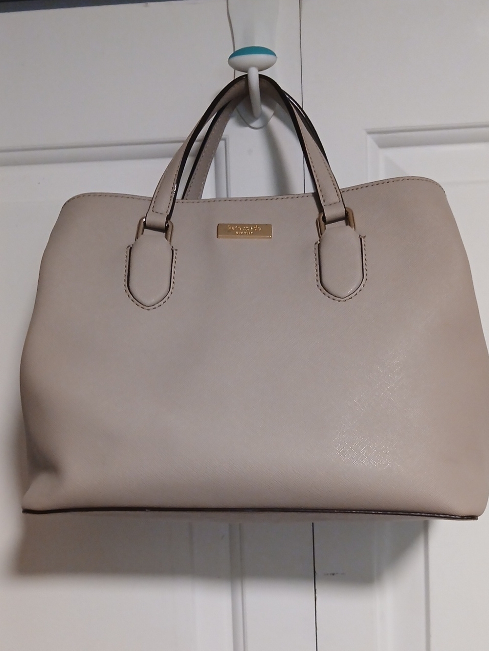 Kate Spade Beige Leather Top-Handle Satchel with Gold Plaque